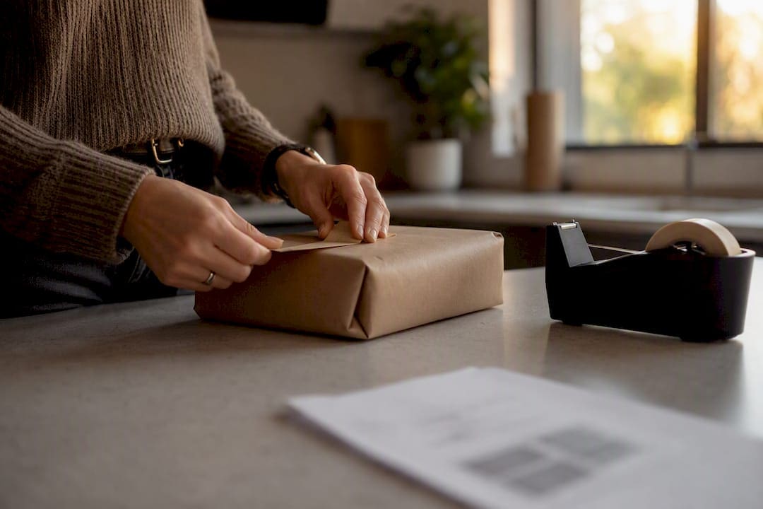 Hands sealing a cannabis return parcel