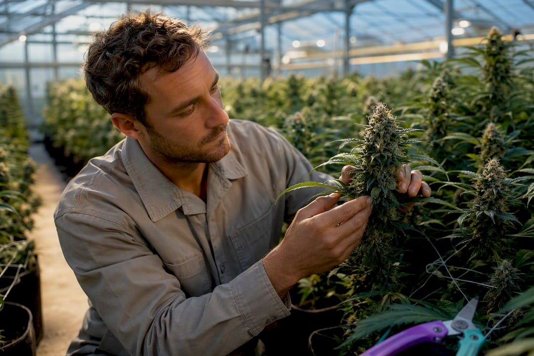 Grower inspecting craft cannabis flower