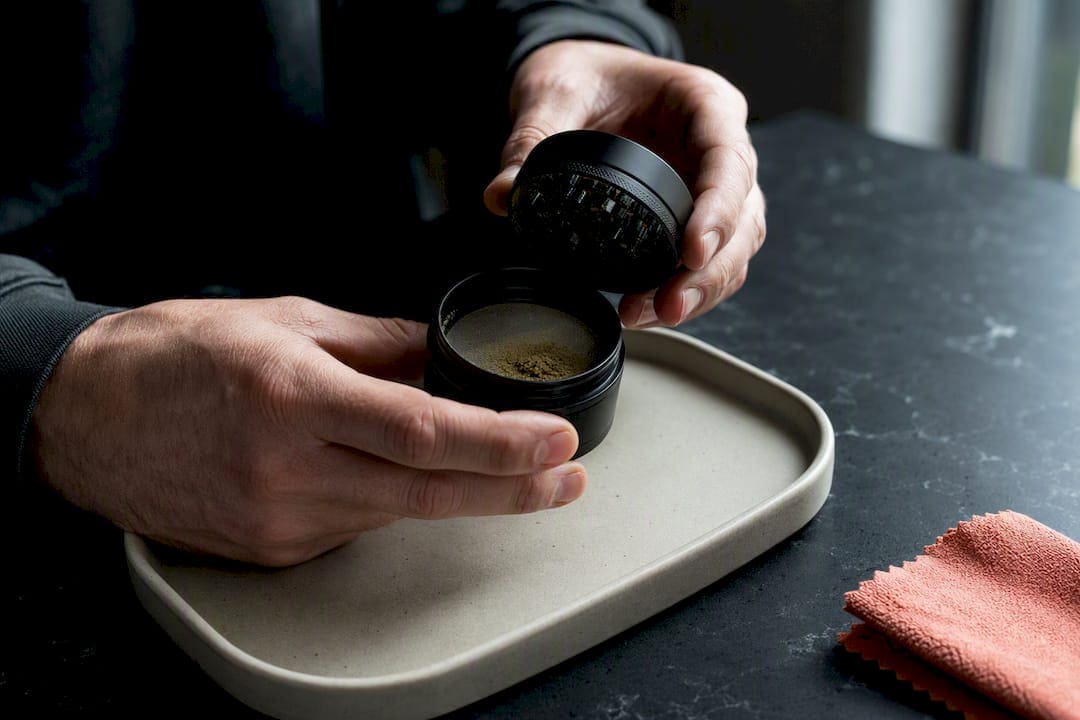 Close-up of grinder screen collecting kief