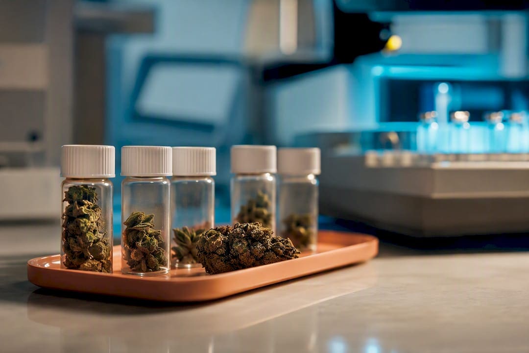 Cannabis testing samples arranged in laboratory setting