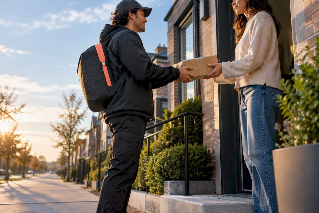 Livreur déposant un colis discret à domicile