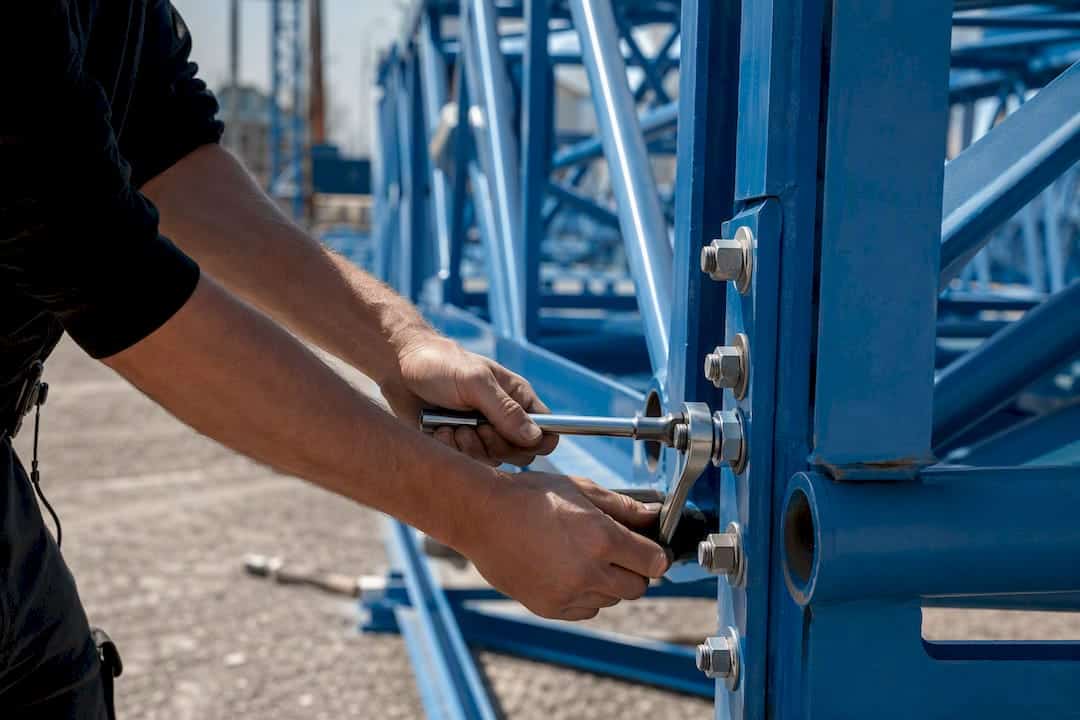 Techniker befestigt Kran mit Schrauben