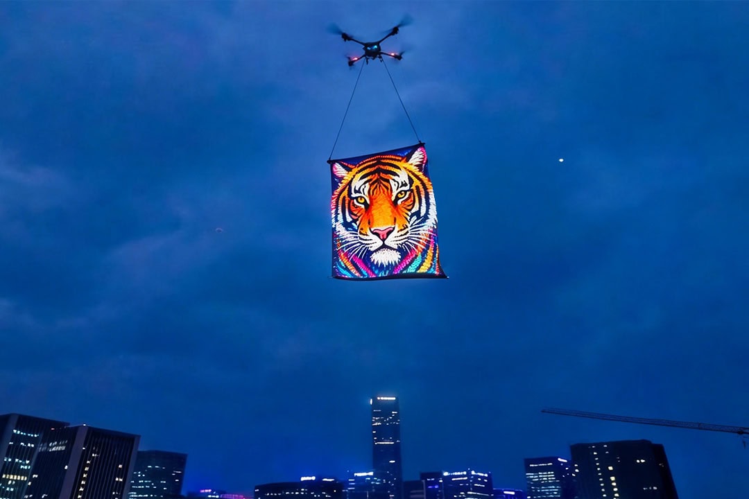 Drone-suspended flying LED screen showcasing vibrant colorful tiger artwork over city skyline at dusk