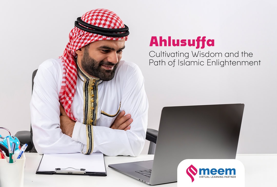 An Arab man in traditional attire studies on a laptop, promoting online Islamic learning with Meem