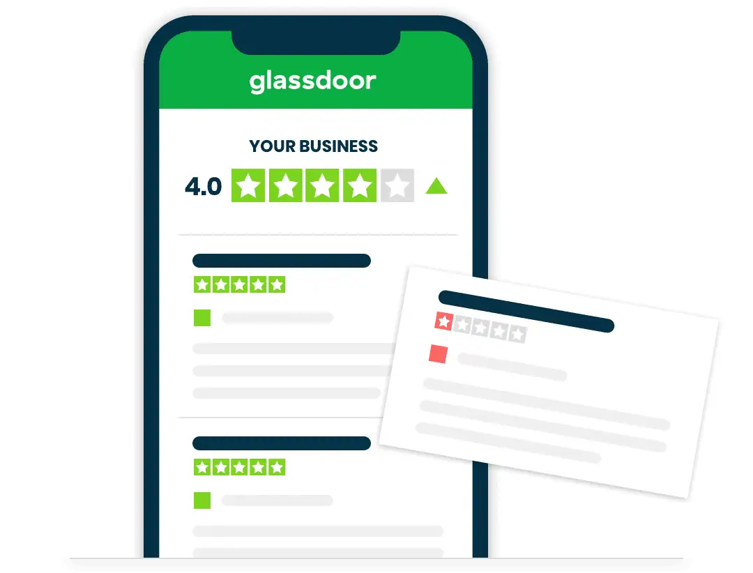 Illustration of a Glassdoor employer rating improving to 4.0 stars after a negative one-star review is removed