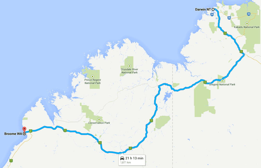 How long does it take to drive from Darwin to Broome? 1871 KMS / 1162 MILES ~ 21 HOURS 13 MINS