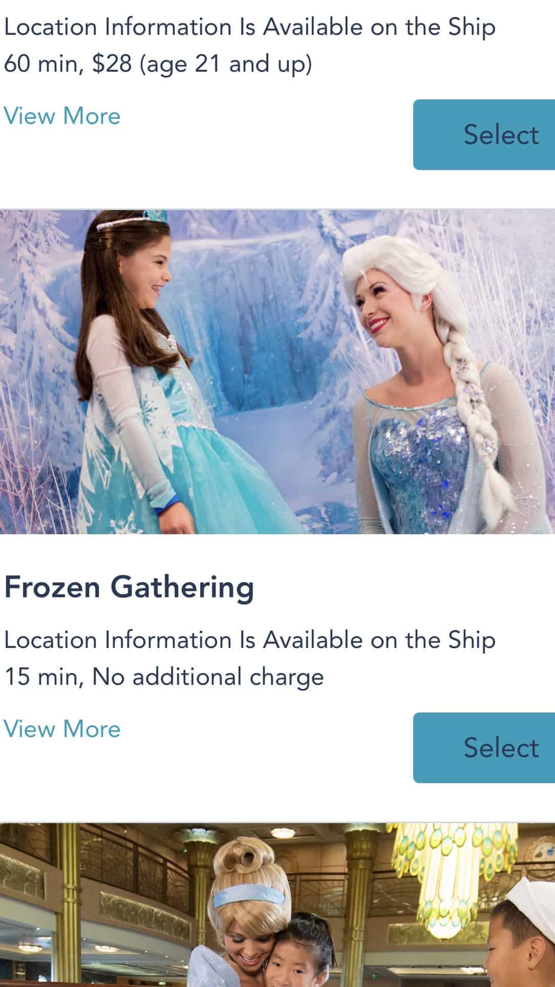 screen shot of Disney Cruise Navigator App Frozen Gathering activity