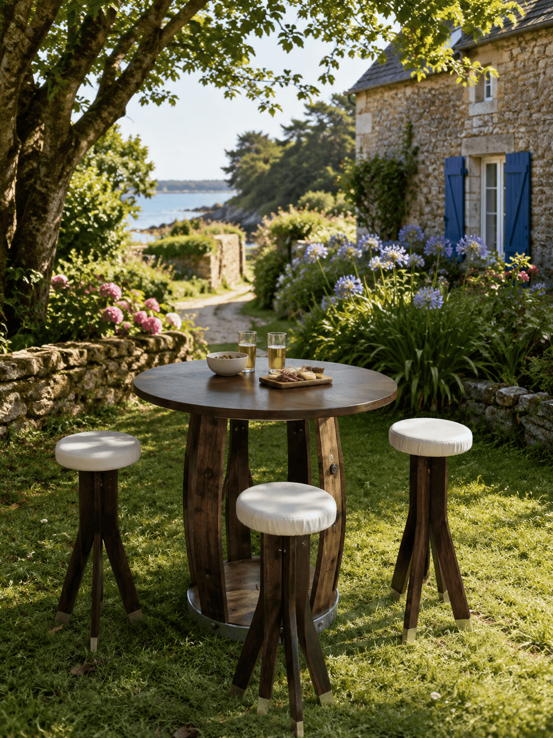 Ensemble Repas Tonneau + 4 Tabourets avec coussins