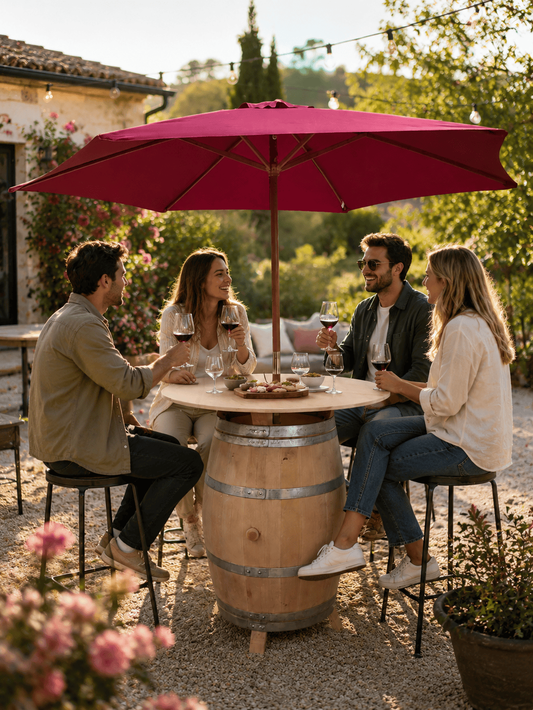 Table Haute Barrique Réhaussée + Parasol