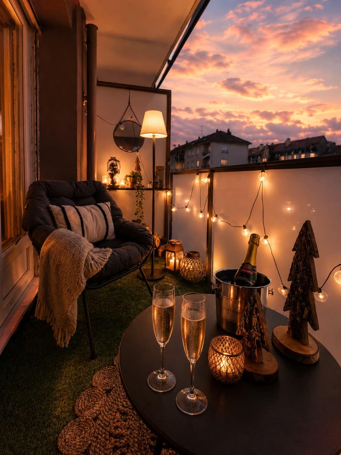Ambiance romantique et chaleureuse de nuit sur le balcon illuminé avec des guirlandes de noel