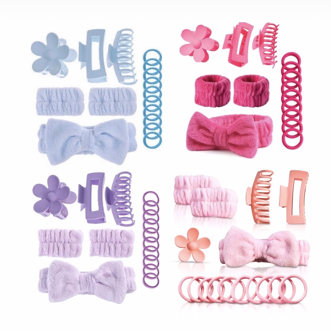 ست روتین مو Sweet Beauty، ست مراقبت مو، پک اکسسوری مو، هدبند حوله‌ای مو، ست آرایشی مو، hair care set, hair routine kit