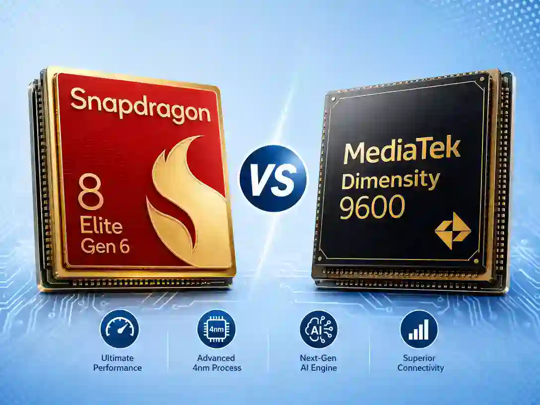 مقارنة Snapdragon 8 Elite Gen 6 و Dimensity 9600 - معالجان متنافسان بتقنية 2 نانومتر من كوالكوم وميدياتيك على خلفية خضراء وذهبية.