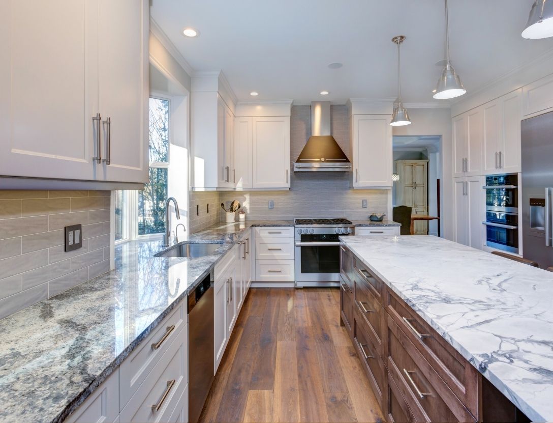 Modern white kitchen color with stone countertop