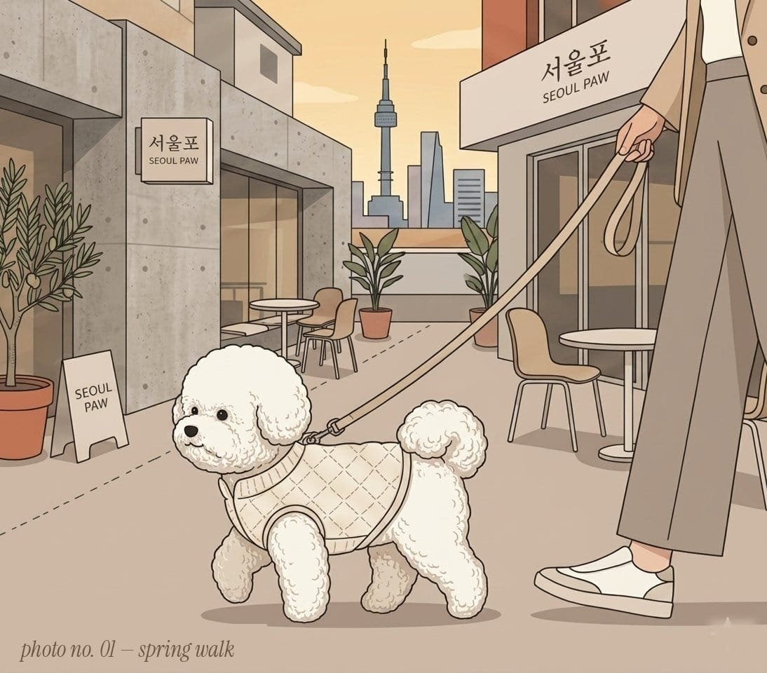 Seoulpaw styled pet walking on the street with a dog handler, wearing fashionable designer outfit in an urban setting