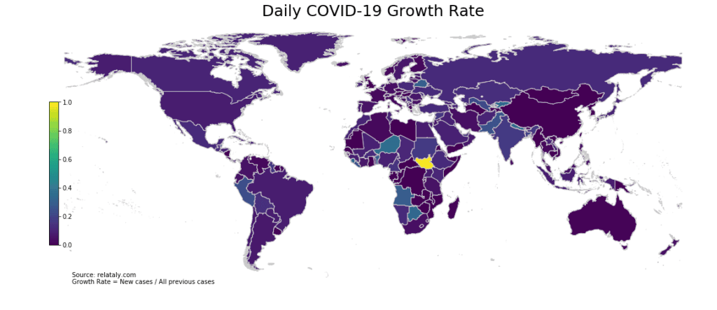 Geographic heat map showing COVID-19 growth rates in different countries of the world