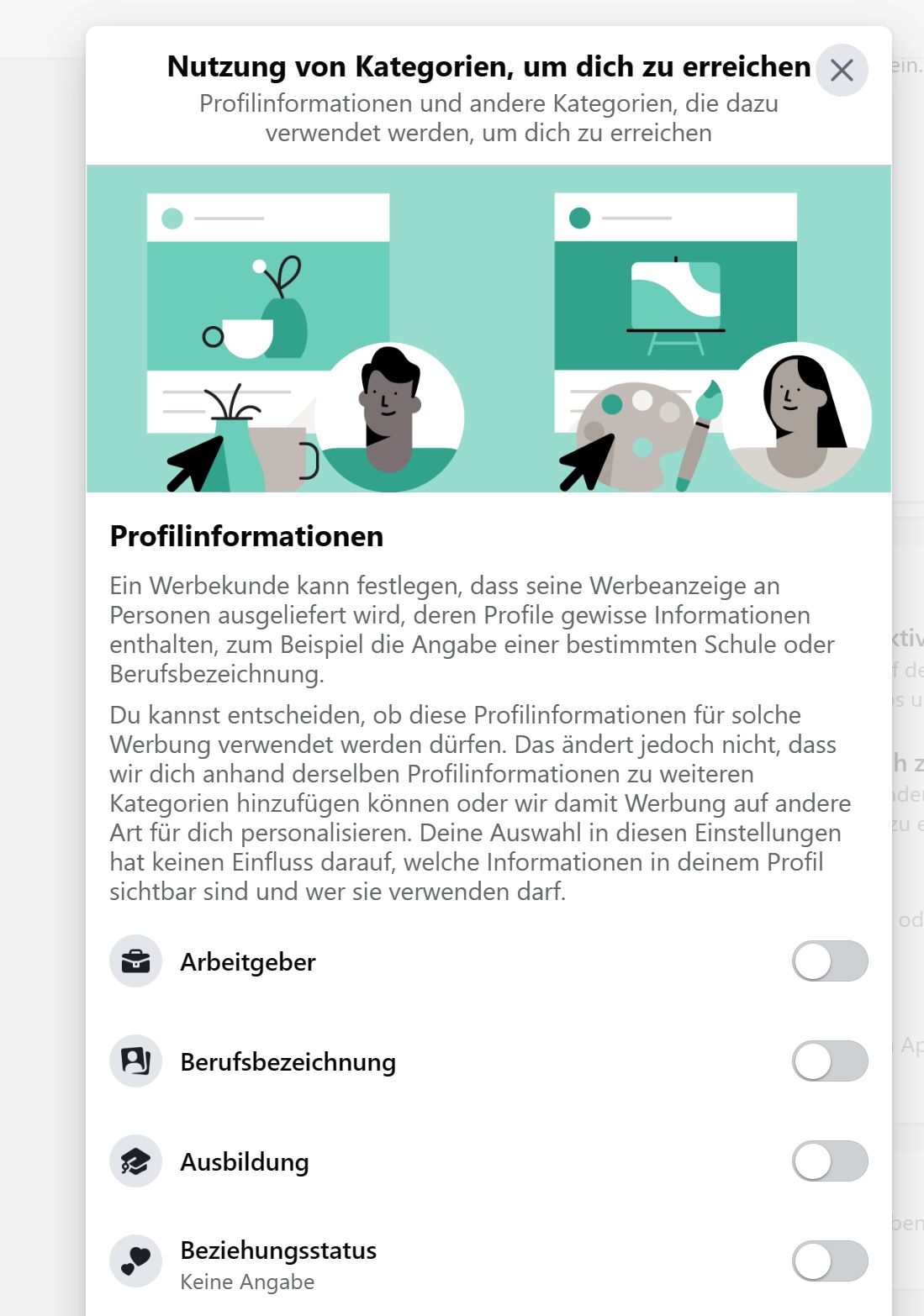 Hier lässt sich einstellen, welche Profildaten überhaupt für die Anzeigenauswahl genutzt werden können (Screenshot)