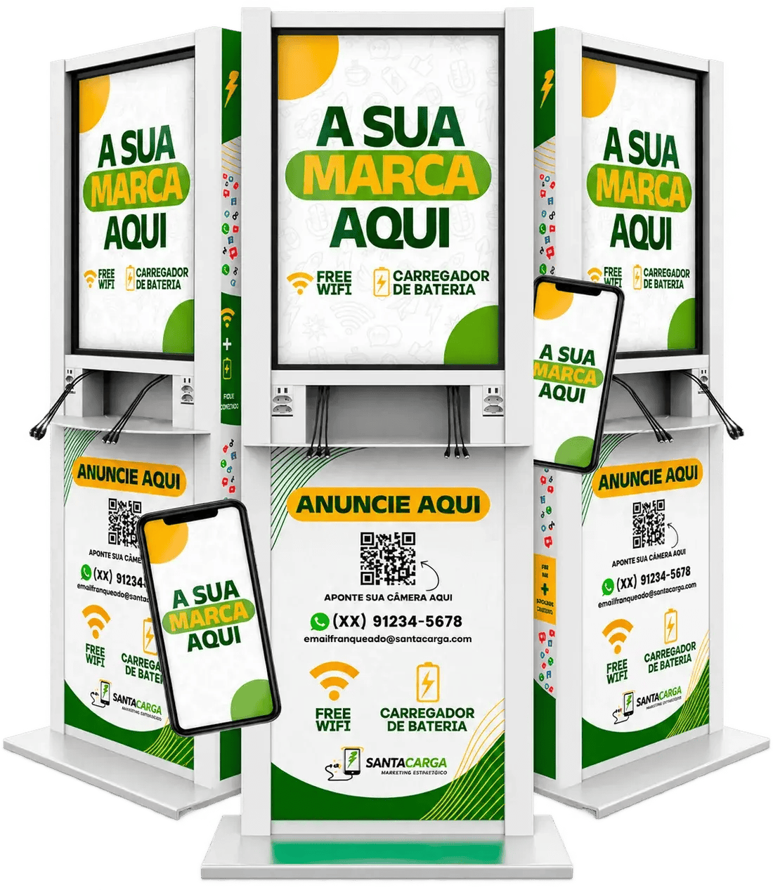 Três totens carregadores Santa Carga com telas de anúncio, recarga de bateria e Wi-Fi grátis