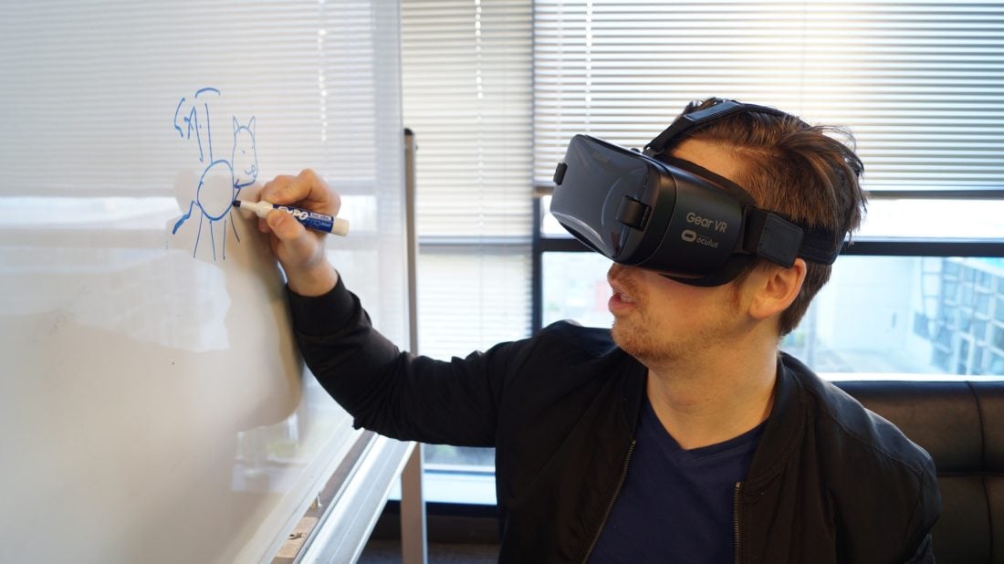 A man having a unique interactive VR experience.