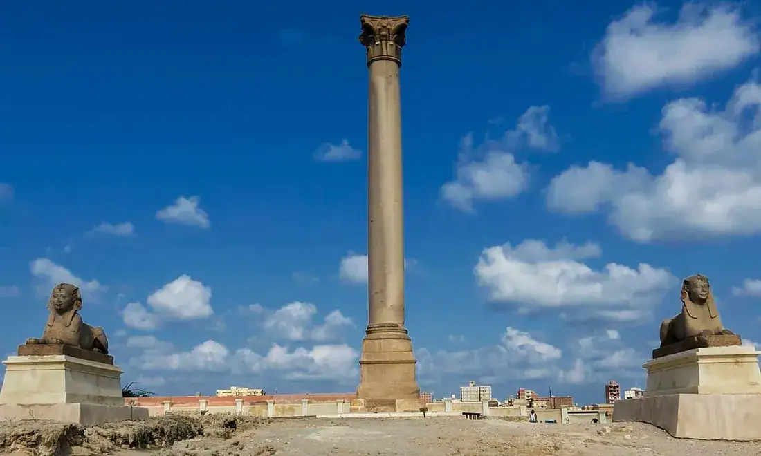 Two ancient sphinx statues at the Pompey’s Pillar archaeological site