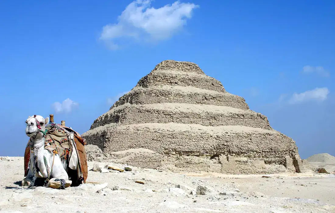 Step Pyramid of Djoser beneath a blue sky at Saqqara