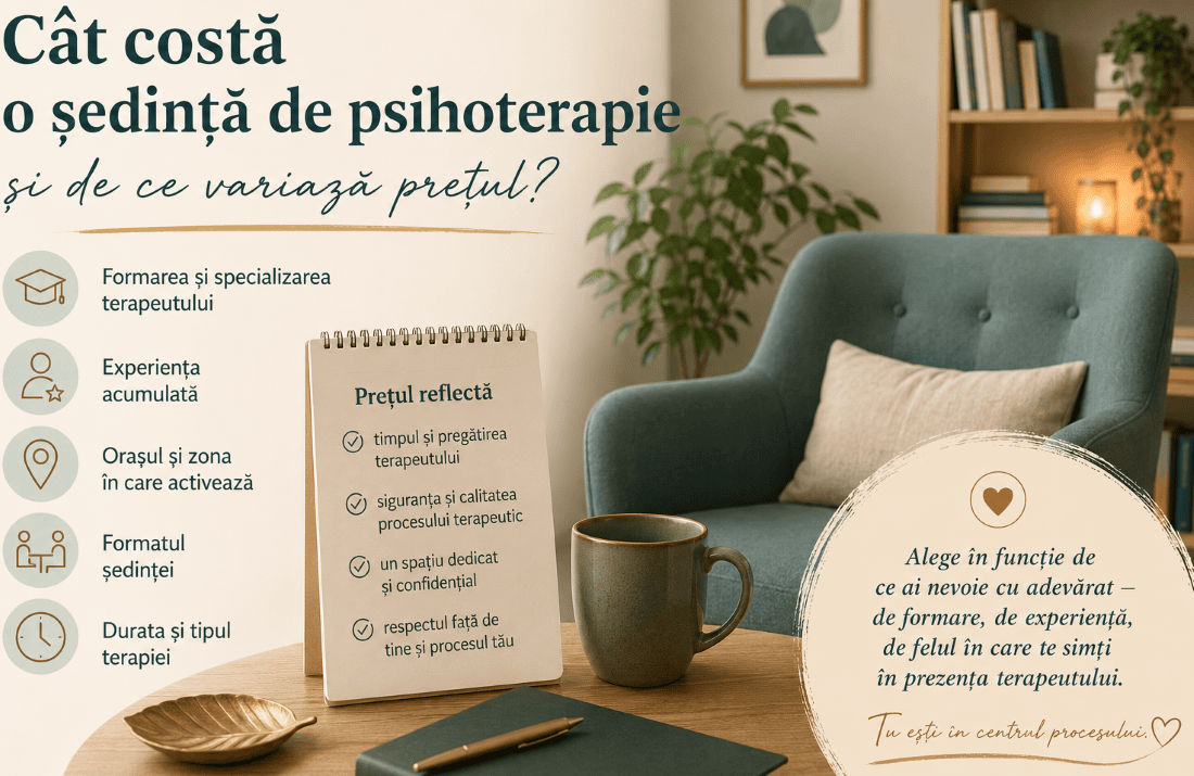 Infografic despre cât costă o ședință de psihoterapie și factorii care influențează prețul