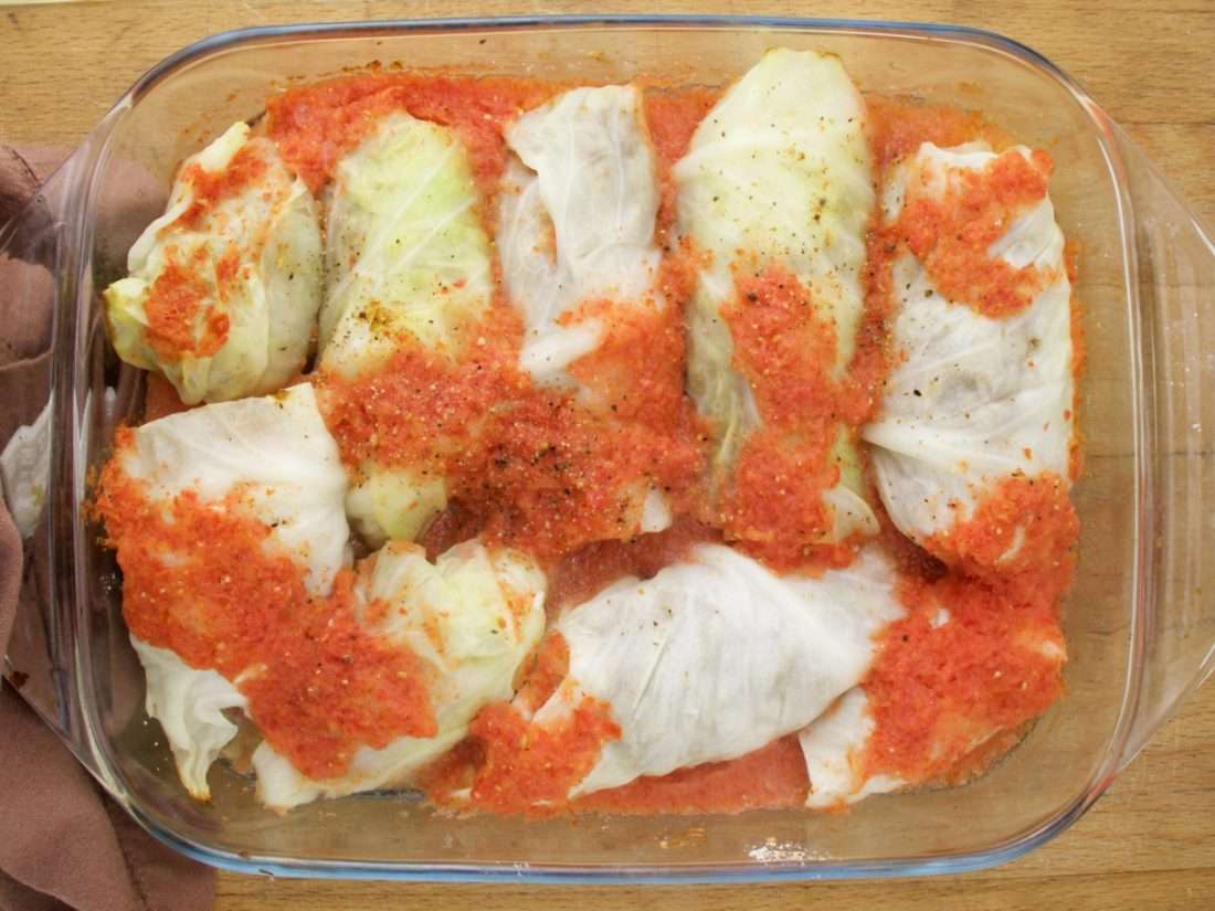 Stuffed Cabbage rolls with tomato sauce in pyrex