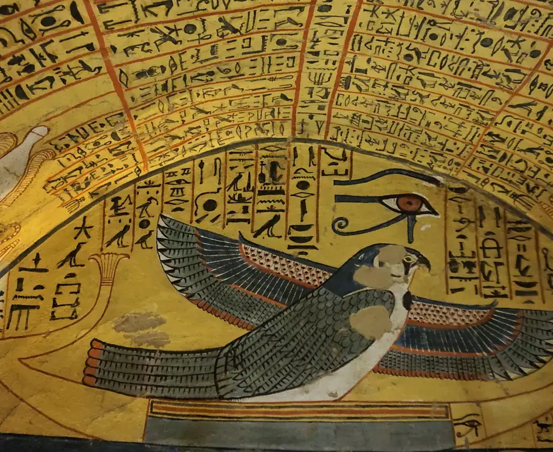 Falcon and Eye of Horus painting in Pashedu tomb TT3 at Deir el-Medina