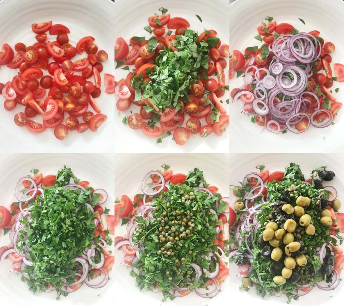 Layering up the Spaghetti Salad in a large bowl step by step