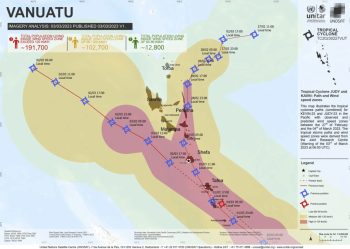 Vanuatu tropical cyclone tracking map with warning zones and forecast paths.