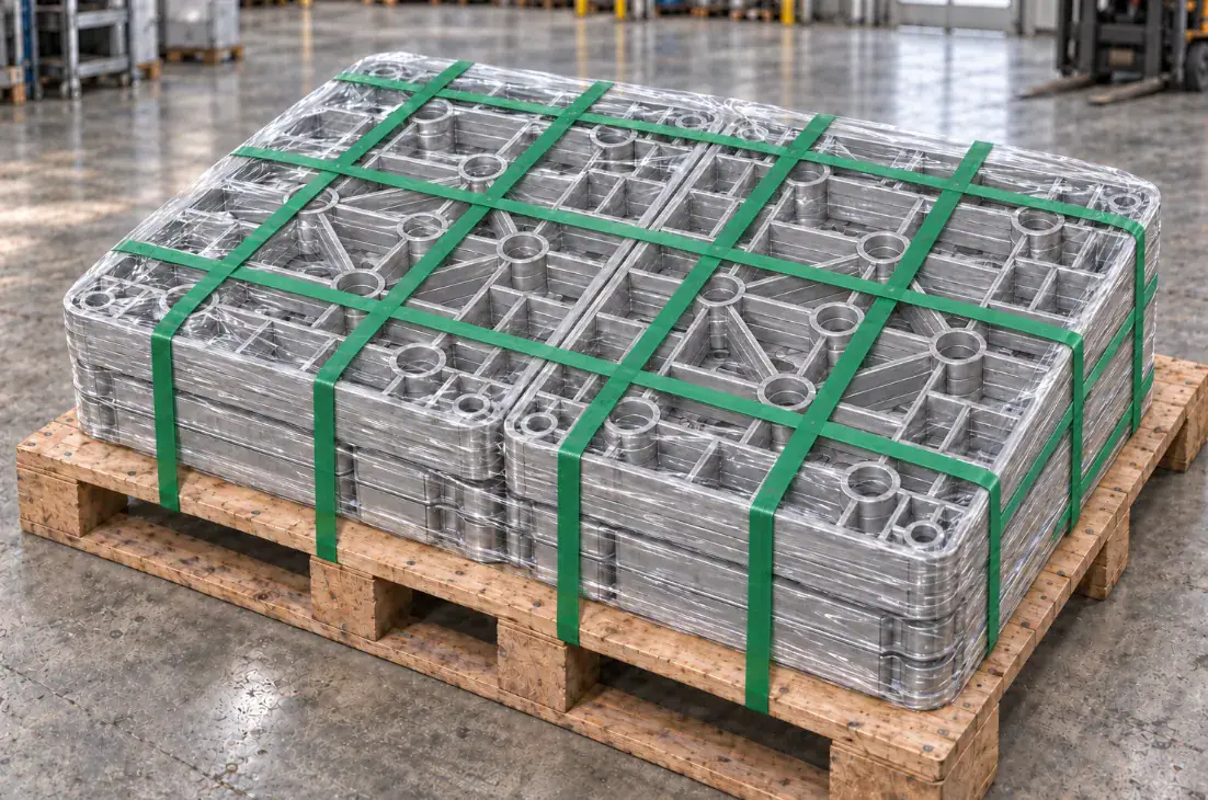 Stacked open-grid furnace trays wrapped and secured with green straps
