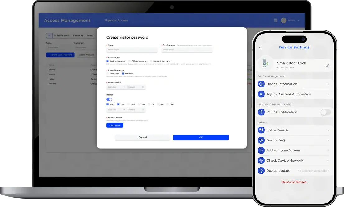 Syncrow access management dashboard creating visitor password on laptop with smart door lock settings on phone.