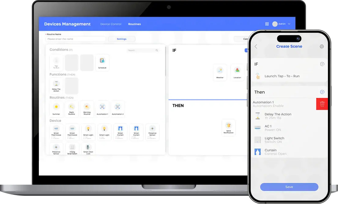Syncrow SyncOS automation scene builder with IF-THEN routines.