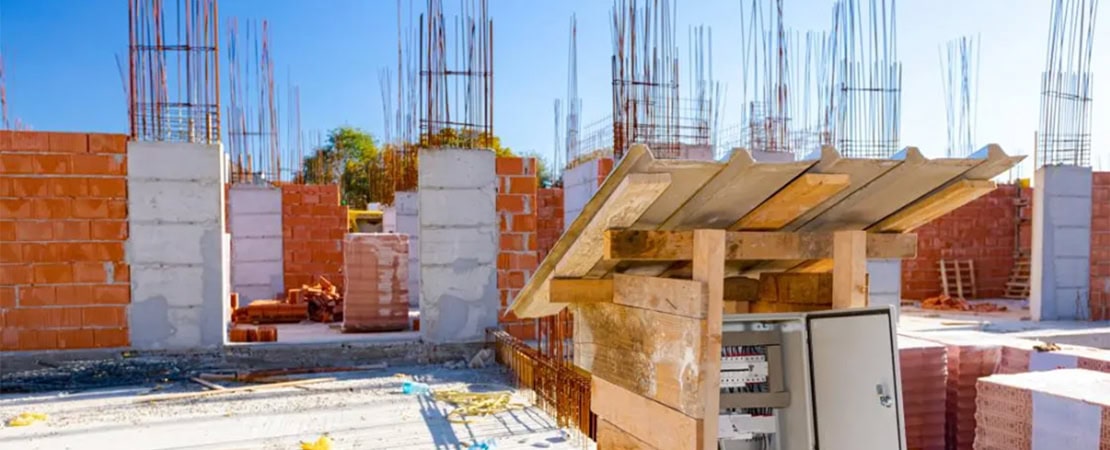 Baustelle mit halbfertigen Backsteinwänden, Stahlbewehrung und provisorischem Stromverteiler im Vordergrund unter einem Holzschutzdach.