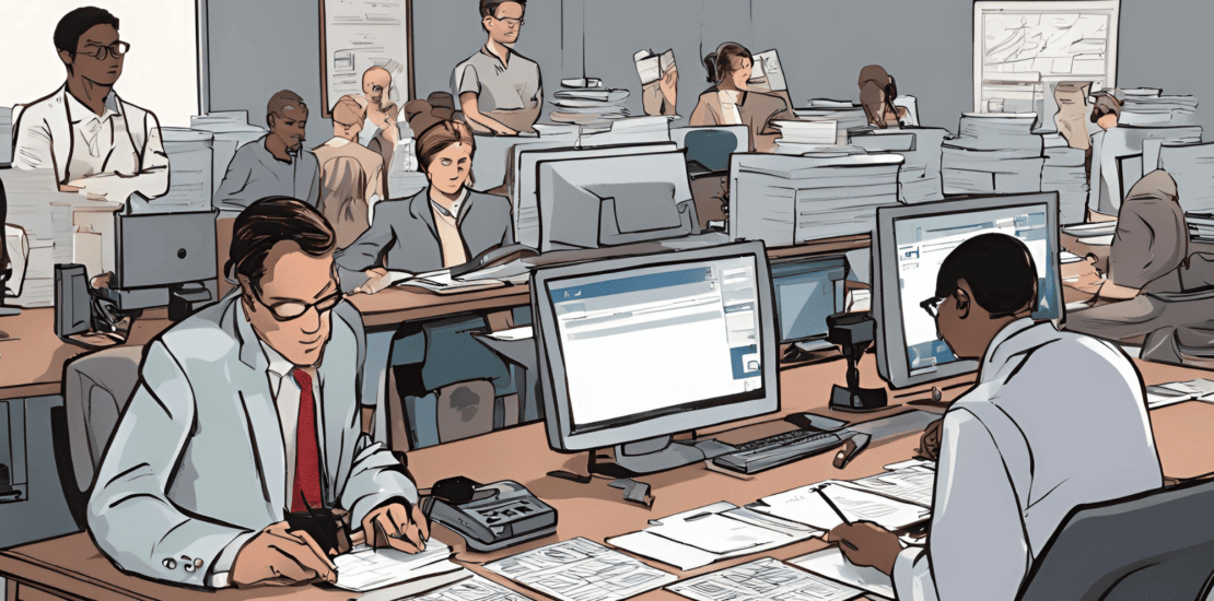 tavolo da ufficio, accanto a documenti legali e un timbro ufficiale. Sullo sfondo, c'è un gruppo di dipendenti al lavoro su computer, rappresentando la collaborazione aziendale. Un monitor mostra un diagramma di flusso di conformità, simboleggiando il processo continuo di monitoraggio e audit