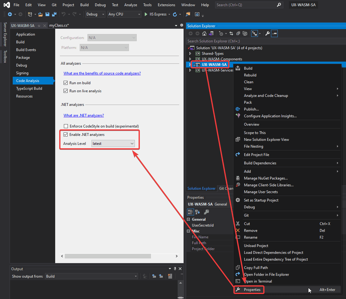 Image of checking the .NET analyzers enabled in the current project