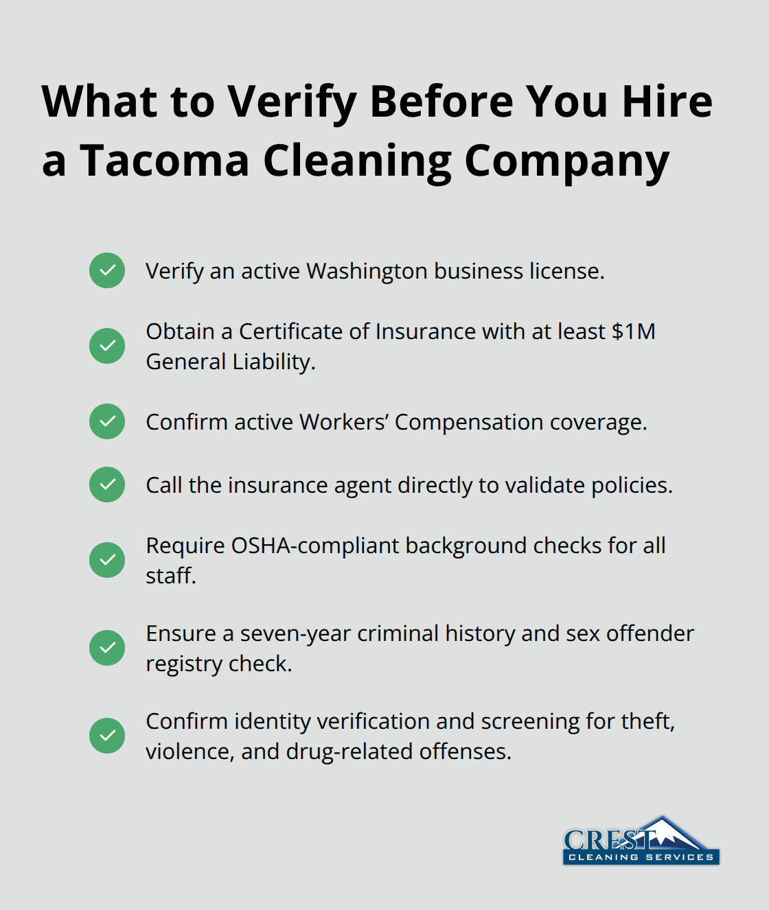 Checklist of credentials and verifications to confirm before hiring a commercial cleaning provider. - Tacoma cleaning services