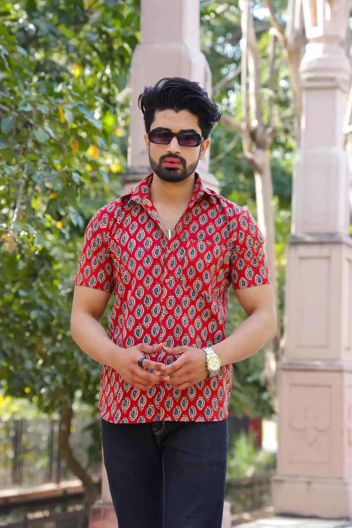 Red Bagru Print Cotton Half Sleeve Shirt