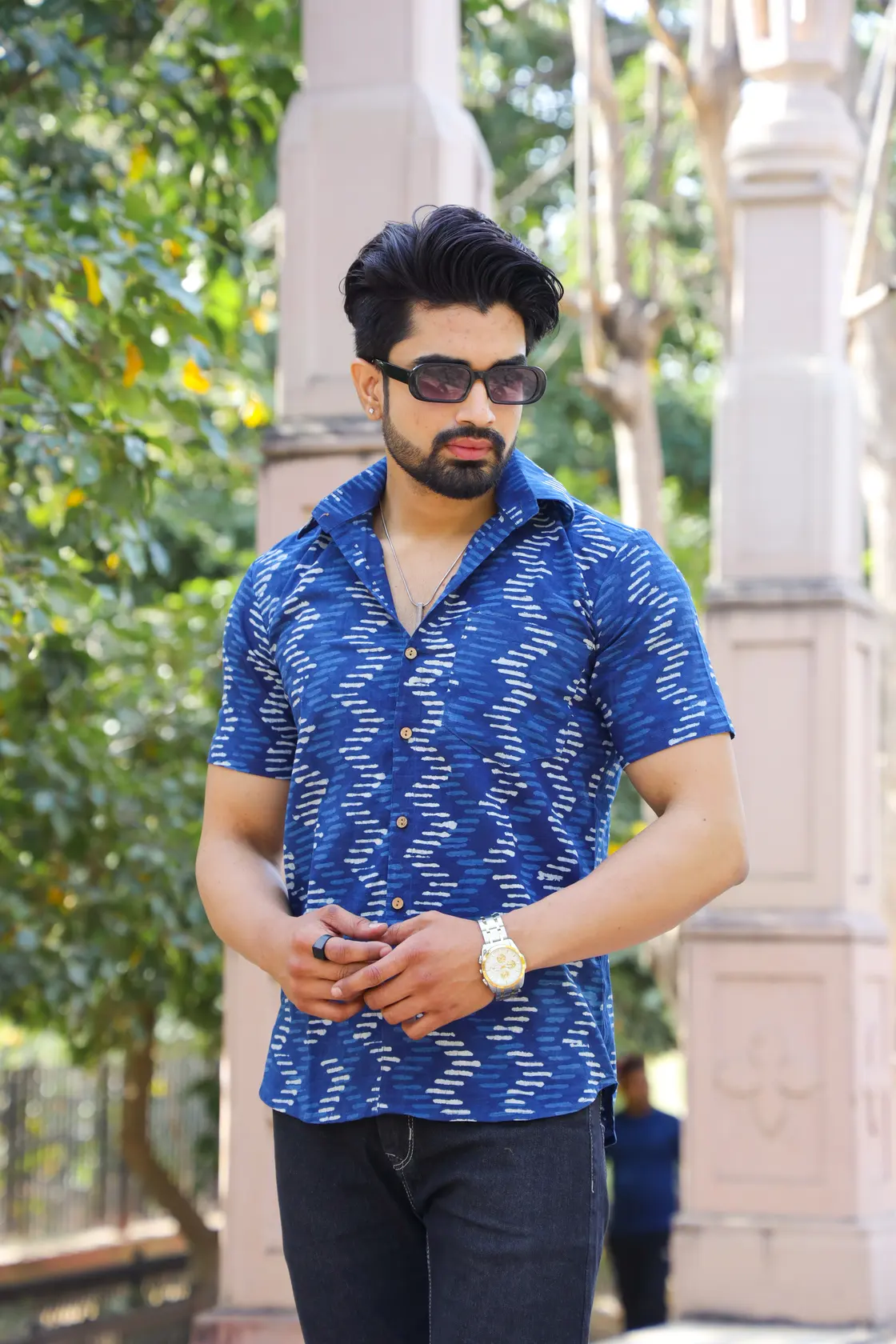 Indigo Bagru Print Cotton Half Sleeve Shirt