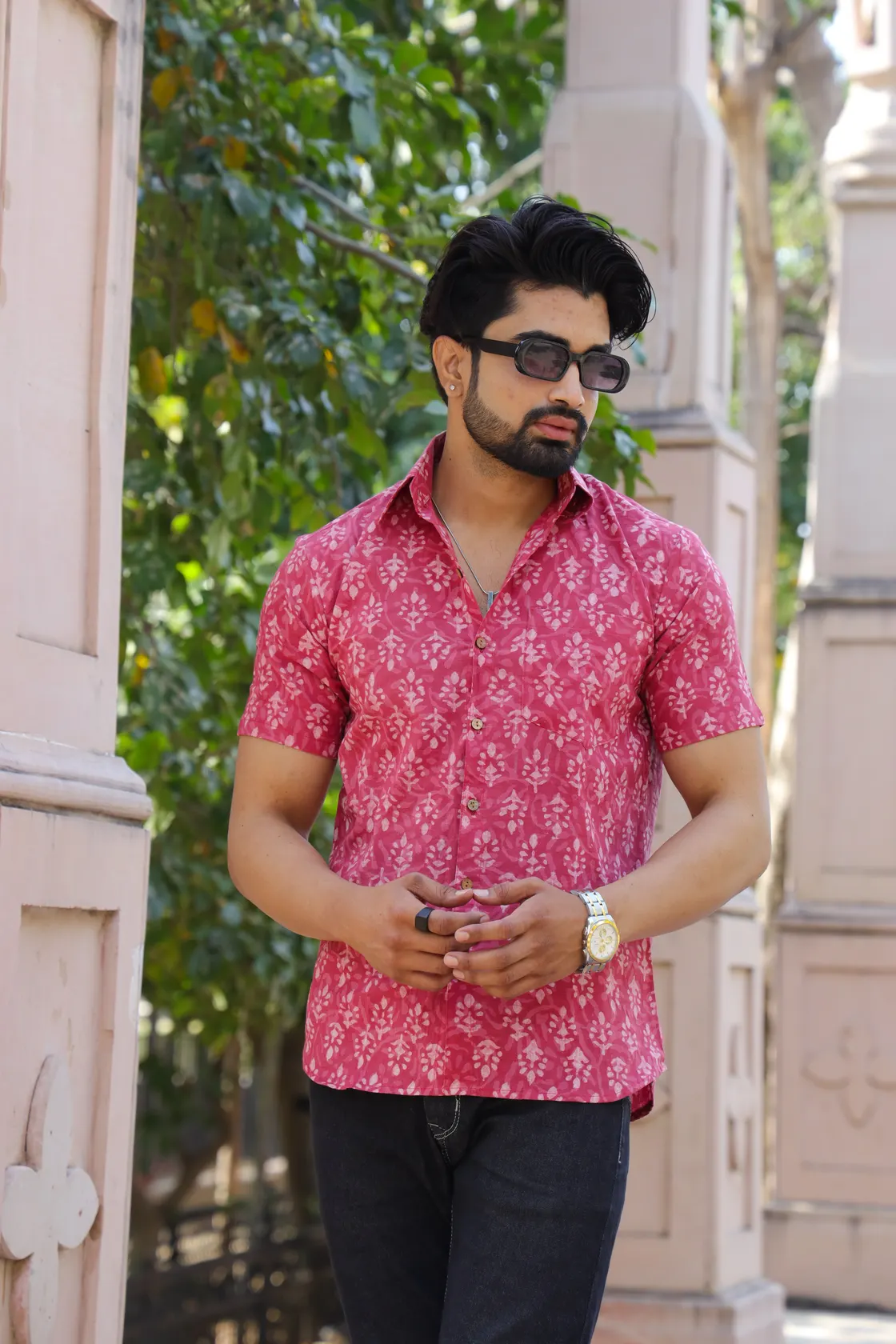 Ruby Red Daabu Print Cotton Half Sleeve Shirt