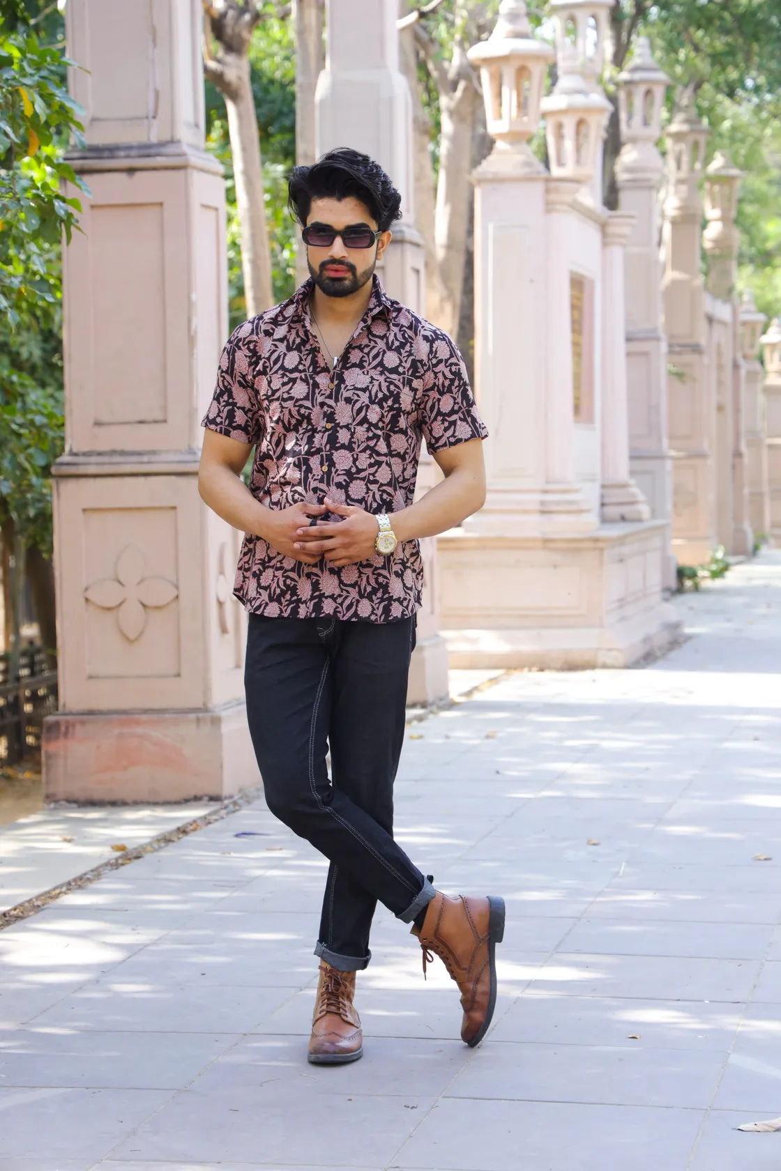 Black Kalamkari Print Cotton Half Sleeve Shirt