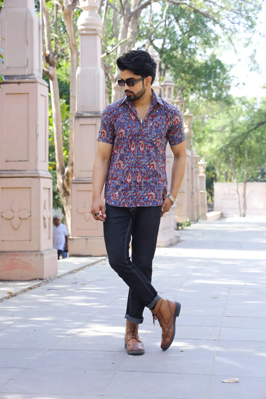 Blue Block Print Cotton Half Sleeve Shirt