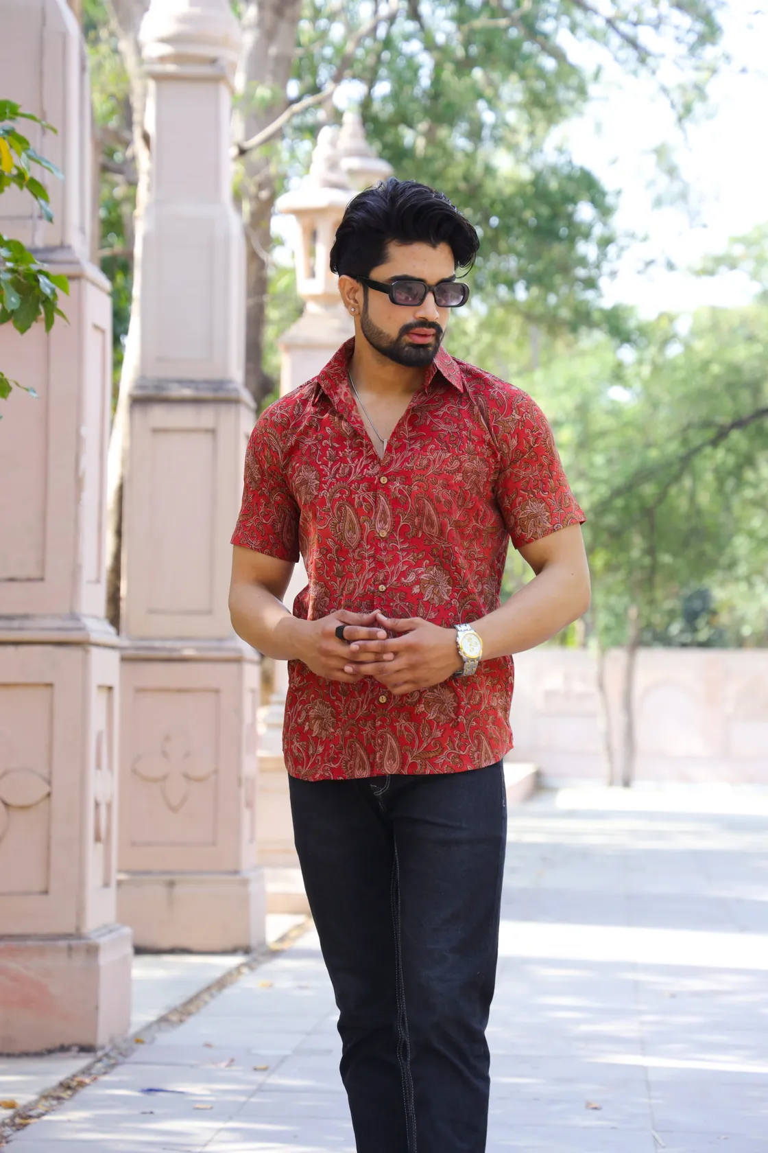 Red Kalamkari Print Cotton Half Sleeve Shirt