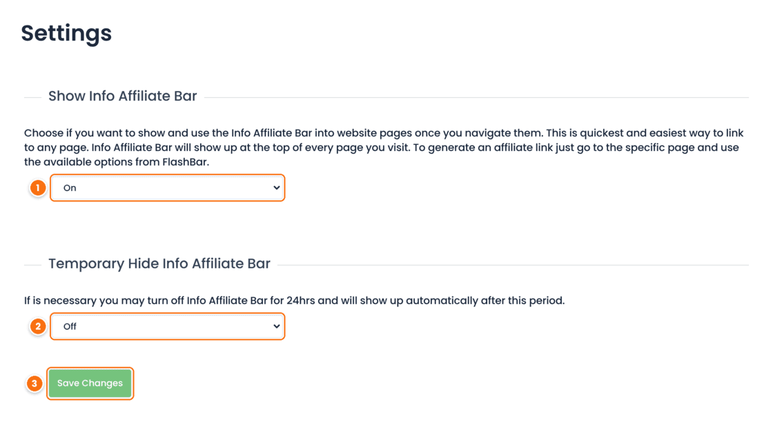 Affiliate Bar Settings tab of the Affiliate Portal with Show Info Affiliate Bar set to On, Temporary Hide Info Affiliate Bar set to Off and the Save Changes button