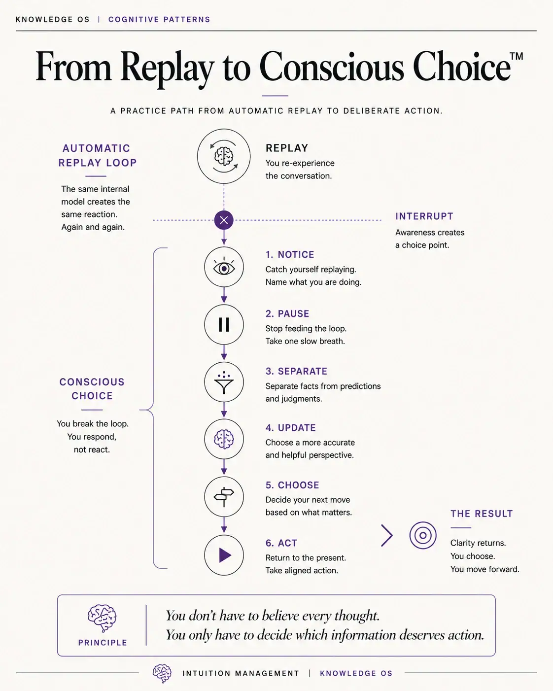 From Replay to Conscious Choice showing replay, interruption, notice, pause, separate, update, choose and act
