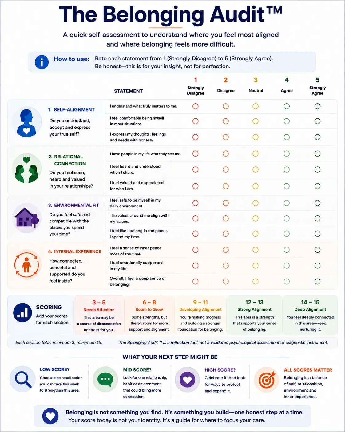 The Belonging Audit self-assessment covering self-alignment, relational connection, environmental fit and internal experience.
