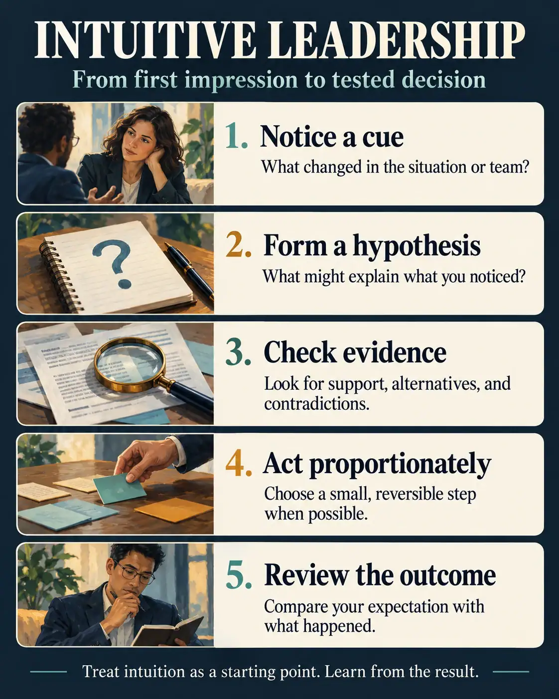 Five-step intuitive leadership process: notice a cue, form a hypothesis, check evidence, act proportionately, review the outcome