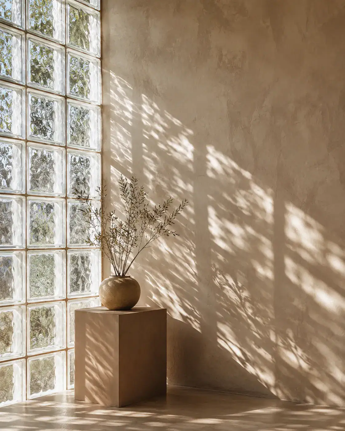 Florero con ramas en pedestal de diseño mediterráneo contemporáneo con luces y sombras naturales.