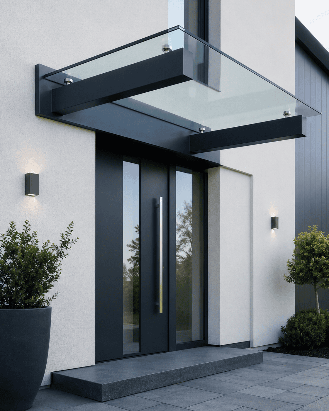 Stahl- und Metallbau Drost: Modernes Glasvordach mit anthrazitfarbenem Stahlrahmen über einem eleganten Hauseingang mit dunkler Tür, Seitenverglasung und schicker Außenbeleuchtung.