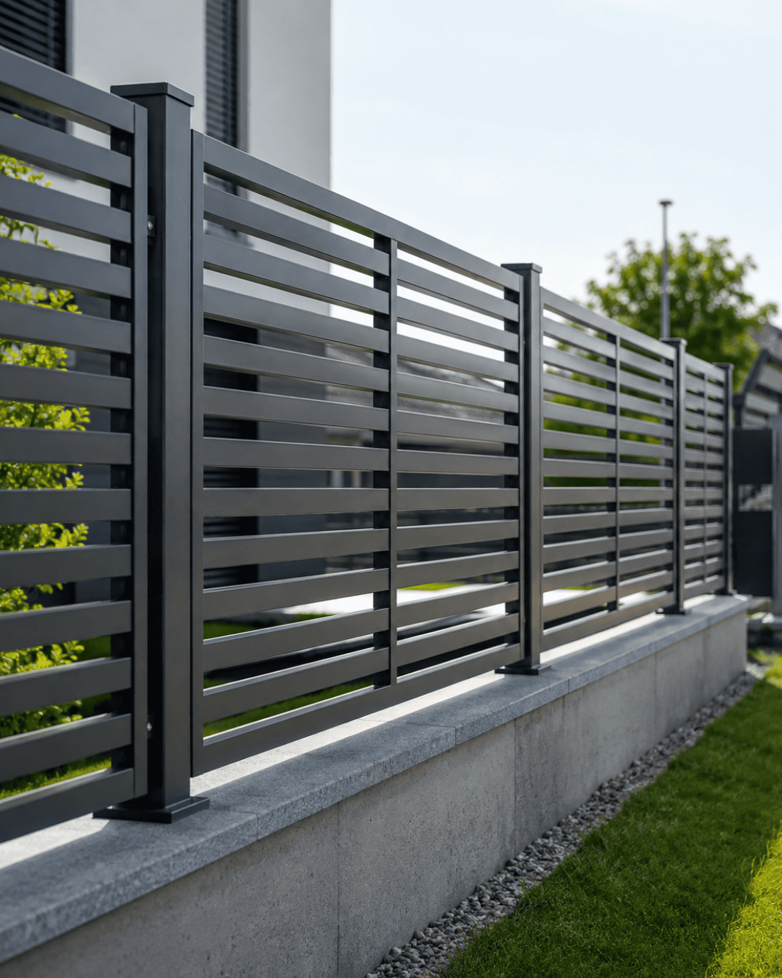 Modernes, dunkelgraues Lamellenzaunsystem aus Metall von Stahl- und Metallbau Drost auf einem Betonsockel, als Grundstücksabgrenzung.