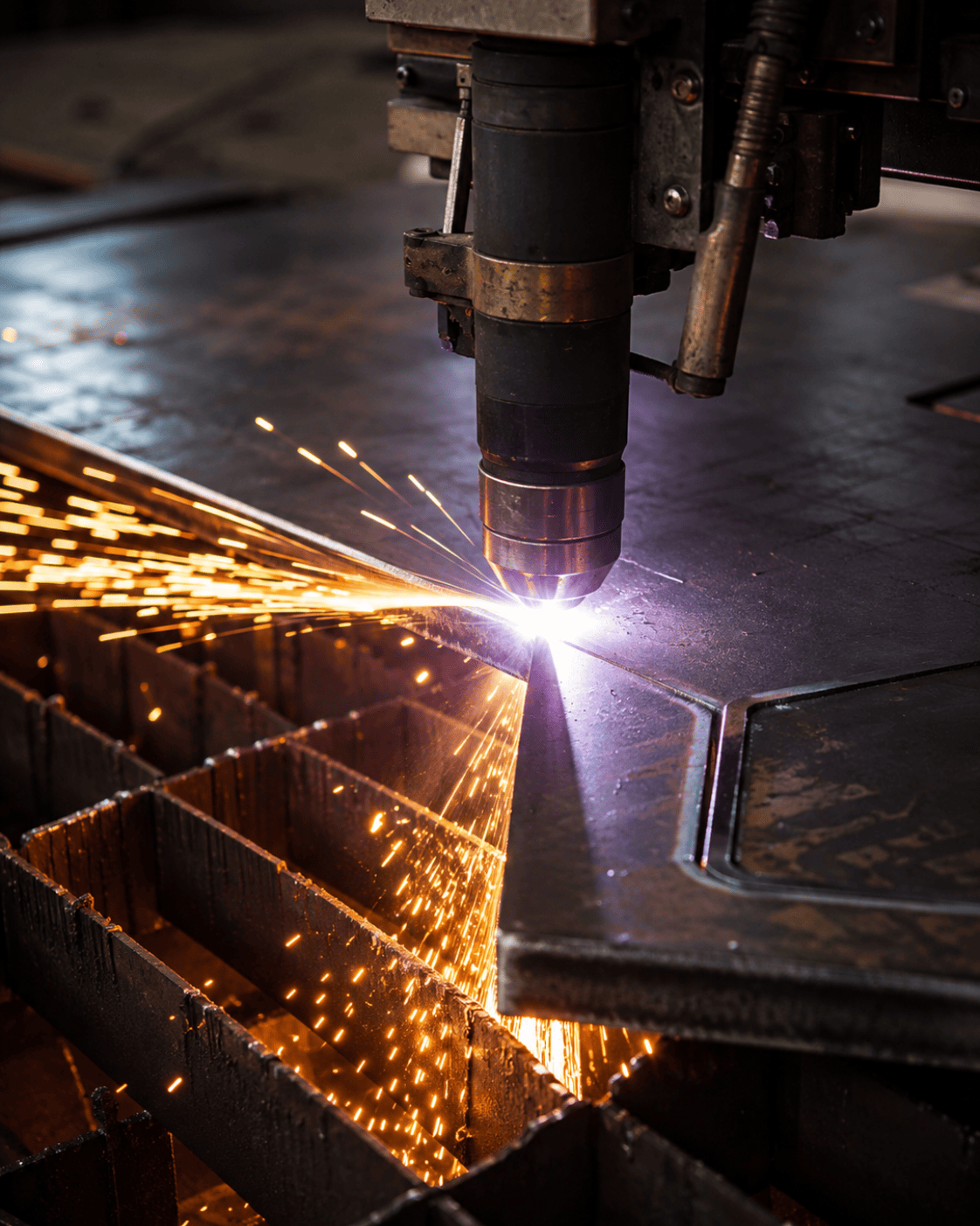 Nahaufnahme einer Plasmaschneidmaschine beim präzisen Schneiden eines Metallblechs, wobei helle Funken zu sehen sind. Stahl- und Metallbau Drost Expertise in Metallbearbeitung.